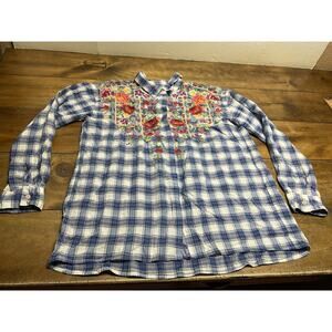 Johnny Was J3 Workshop Button Up Embroidered Floral Plaid Blouse Small